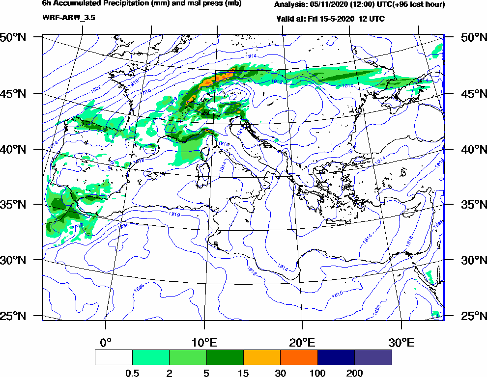 6h Accumulated Precipitation (mm) and msl press (mb) - 2020-05-15 06:00