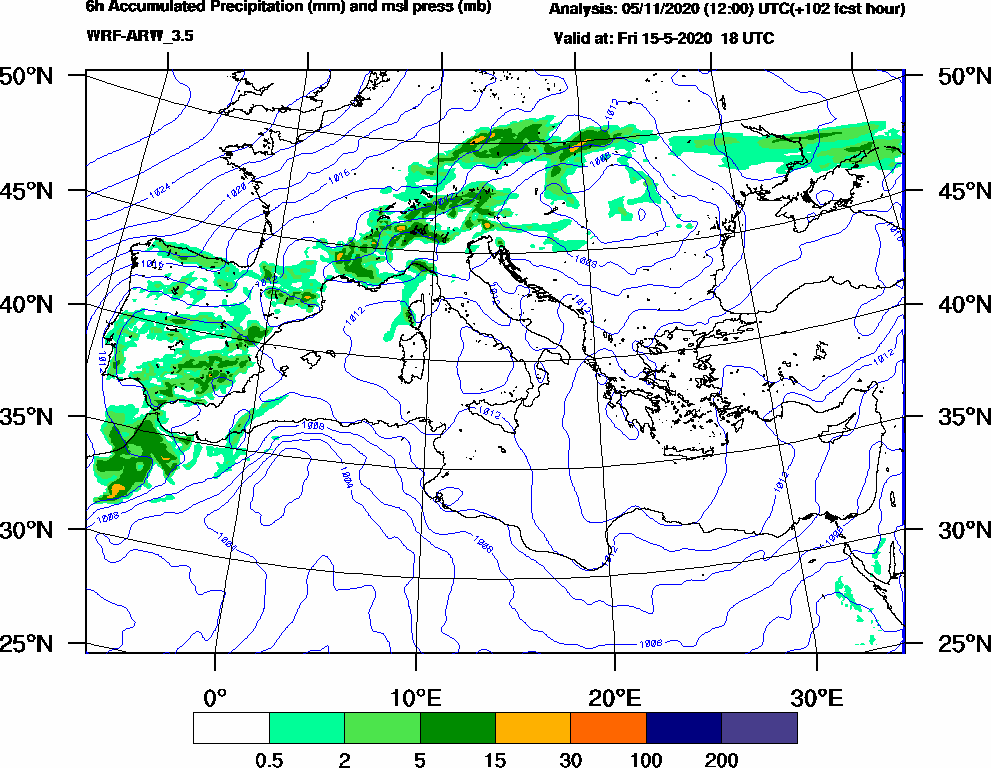 6h Accumulated Precipitation (mm) and msl press (mb) - 2020-05-15 12:00