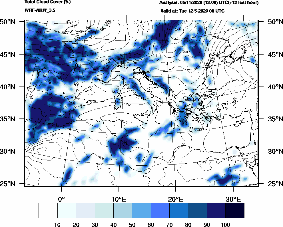 Total cloud cover (%) - 2020-05-11 18:00