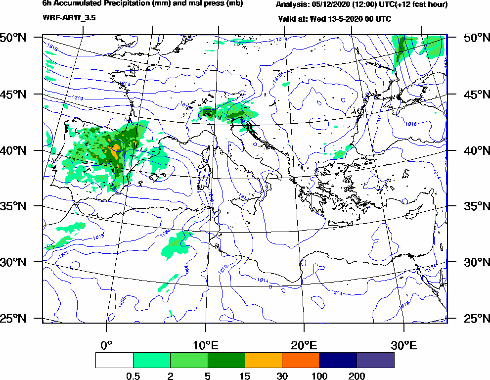 6h Accumulated Precipitation (mm) and msl press (mb) - 2020-05-12 18:00