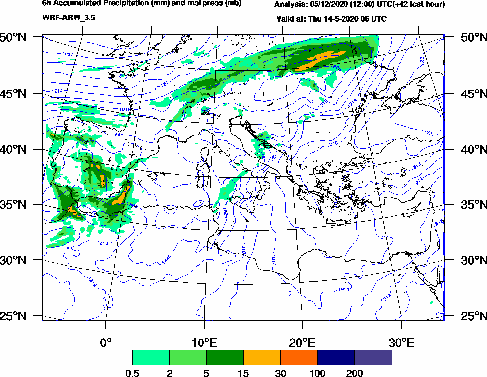 6h Accumulated Precipitation (mm) and msl press (mb) - 2020-05-14 00:00