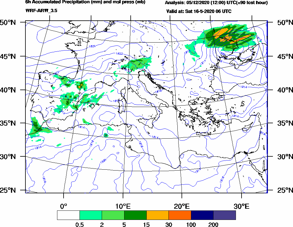 6h Accumulated Precipitation (mm) and msl press (mb) - 2020-05-16 00:00