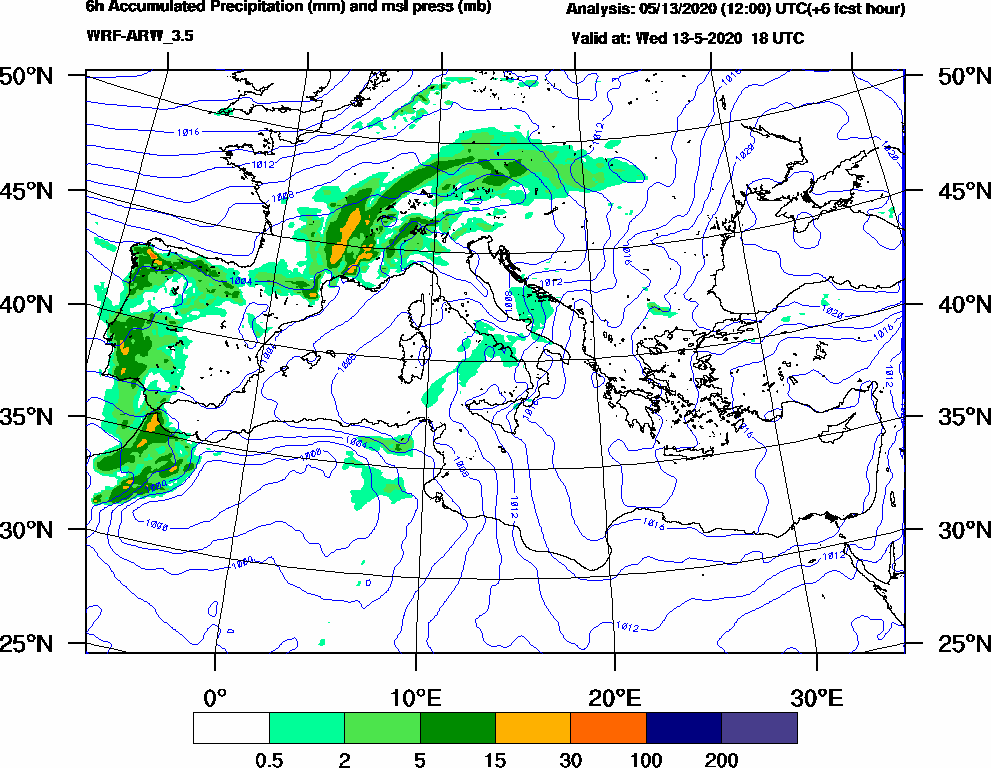 6h Accumulated Precipitation (mm) and msl press (mb) - 2020-05-13 12:00
