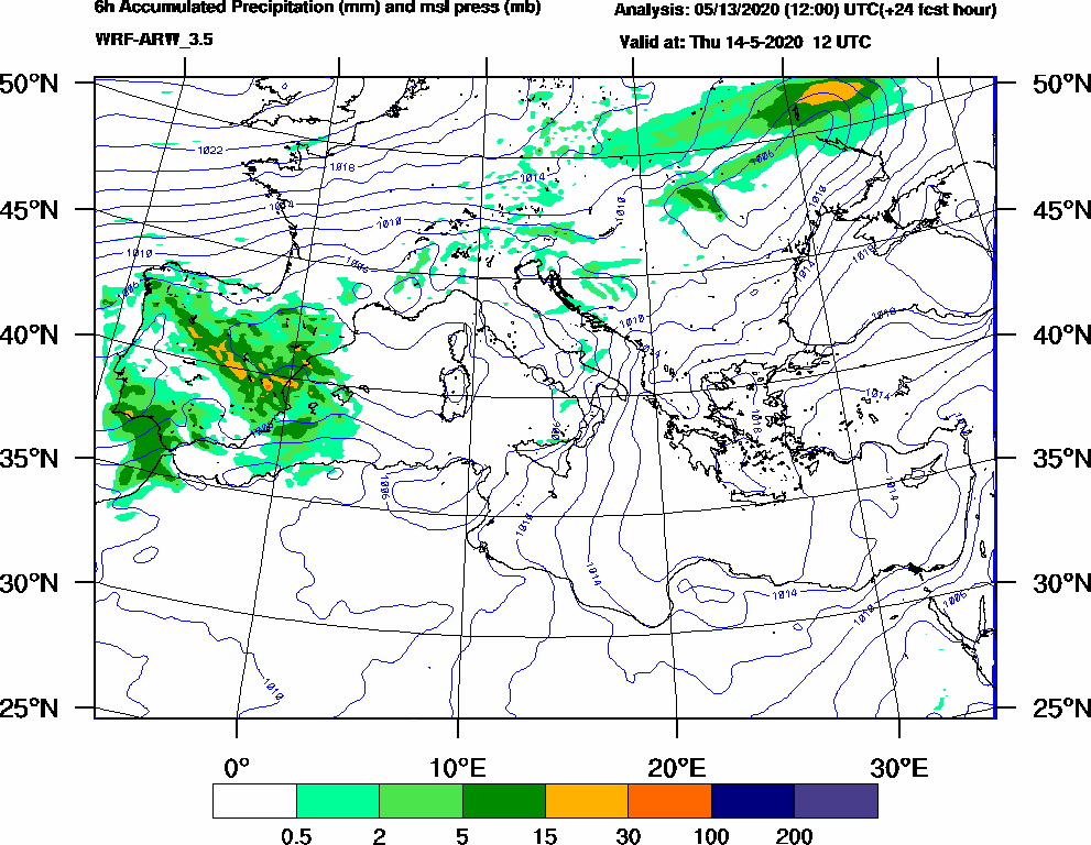 6h Accumulated Precipitation (mm) and msl press (mb) - 2020-05-14 06:00