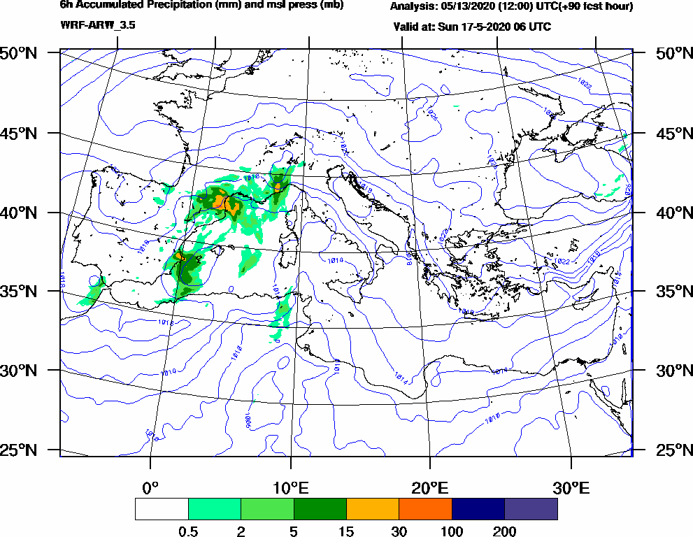 6h Accumulated Precipitation (mm) and msl press (mb) - 2020-05-17 00:00