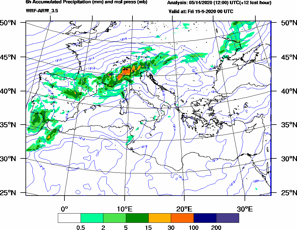 6h Accumulated Precipitation (mm) and msl press (mb) - 2020-05-14 18:00