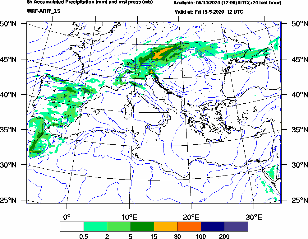 6h Accumulated Precipitation (mm) and msl press (mb) - 2020-05-15 06:00