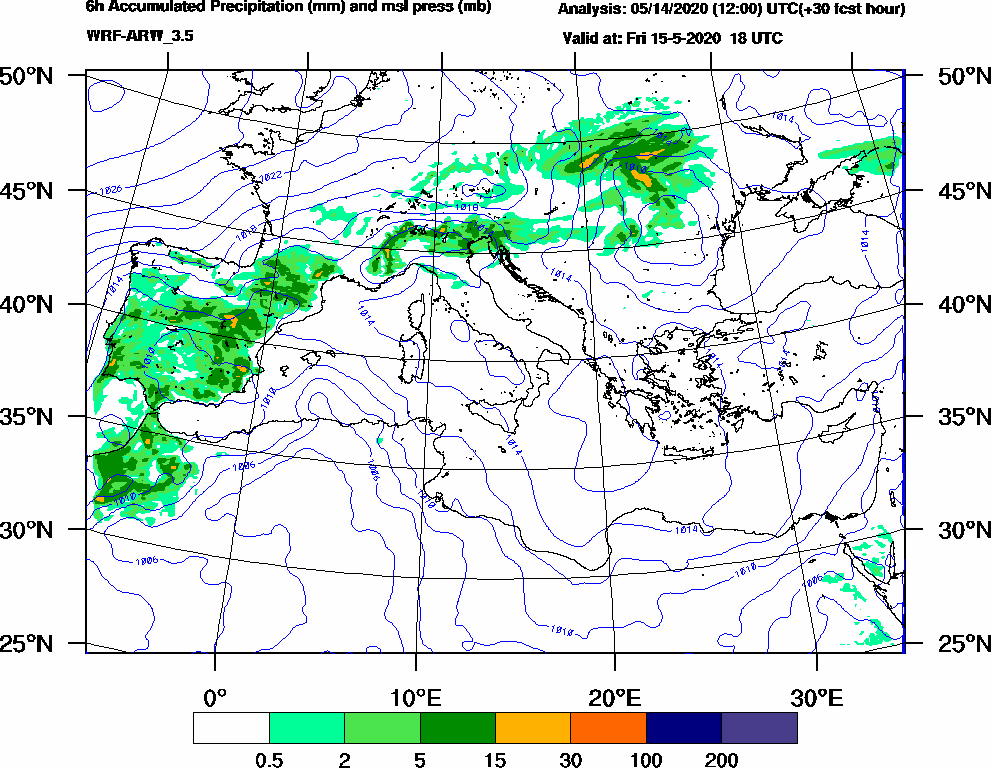 6h Accumulated Precipitation (mm) and msl press (mb) - 2020-05-15 12:00