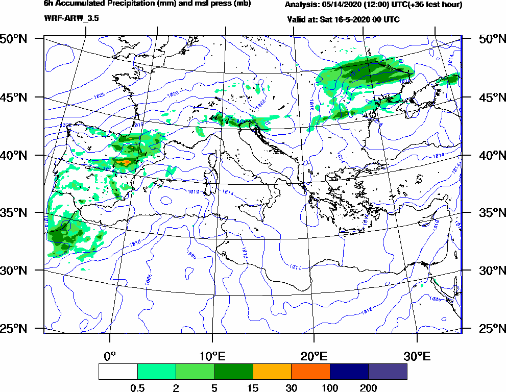 6h Accumulated Precipitation (mm) and msl press (mb) - 2020-05-15 18:00