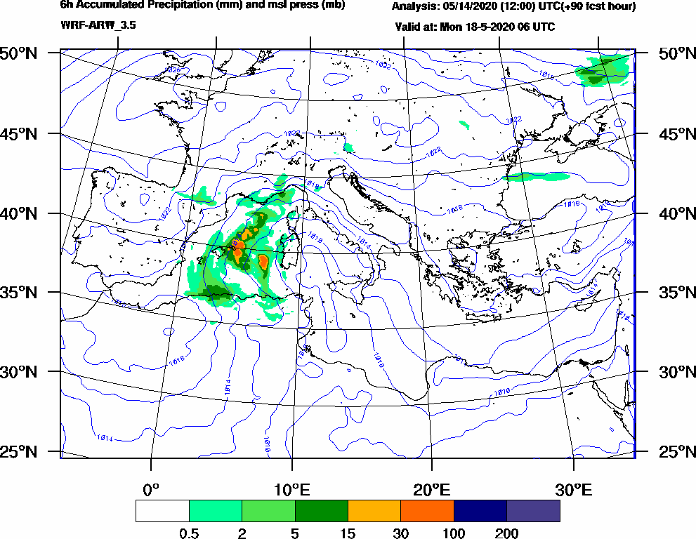 6h Accumulated Precipitation (mm) and msl press (mb) - 2020-05-18 00:00