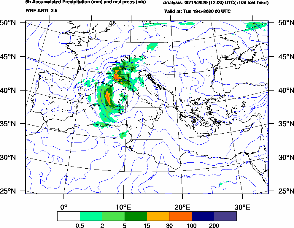 6h Accumulated Precipitation (mm) and msl press (mb) - 2020-05-18 18:00