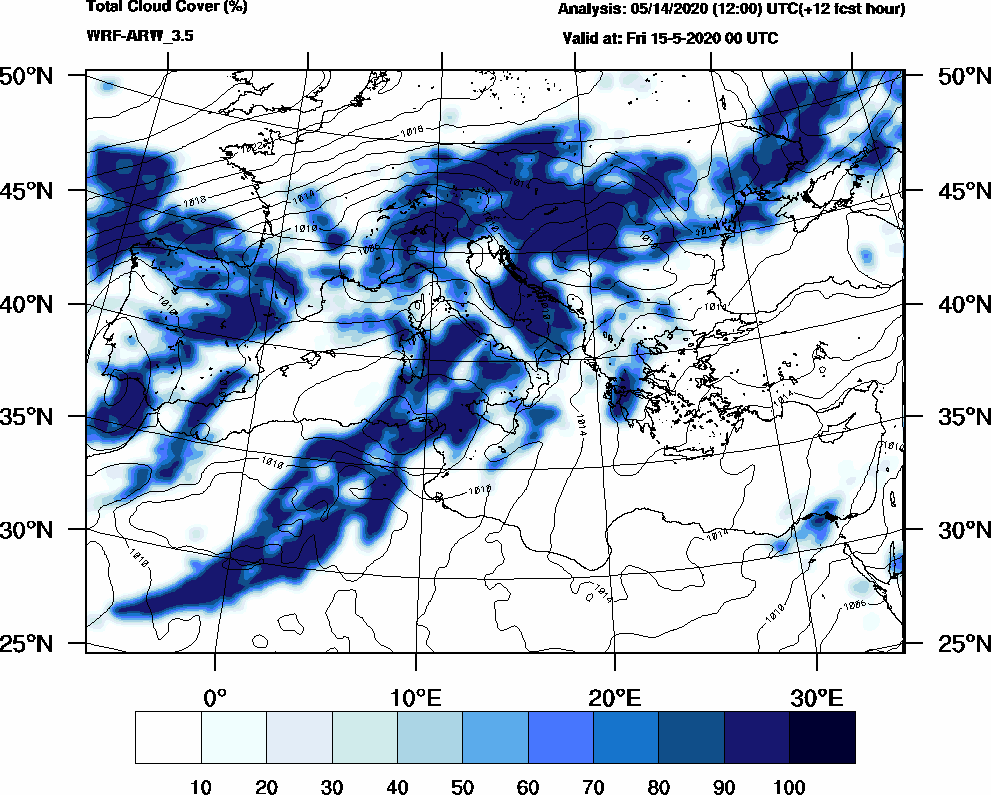 Total cloud cover (%) - 2020-05-14 18:00