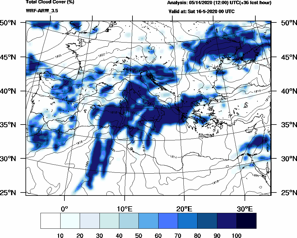 Total cloud cover (%) - 2020-05-15 18:00