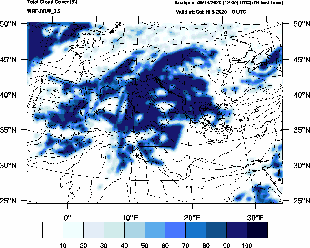 Total cloud cover (%) - 2020-05-16 12:00