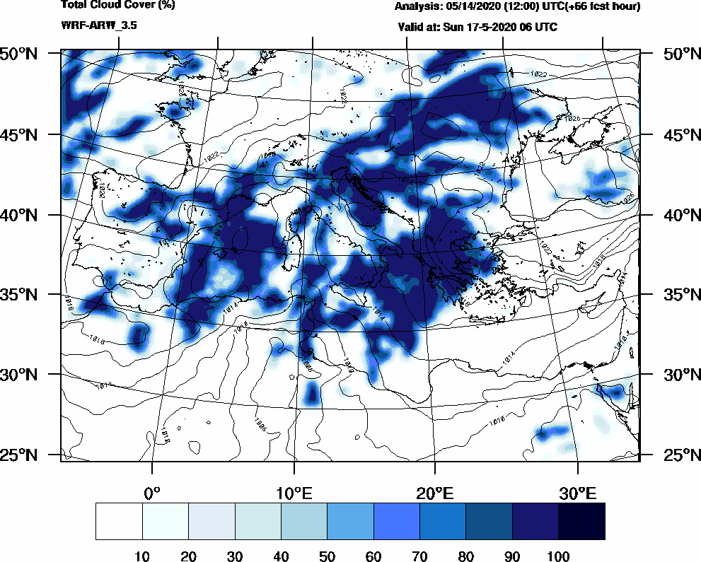 Total cloud cover (%) - 2020-05-17 00:00