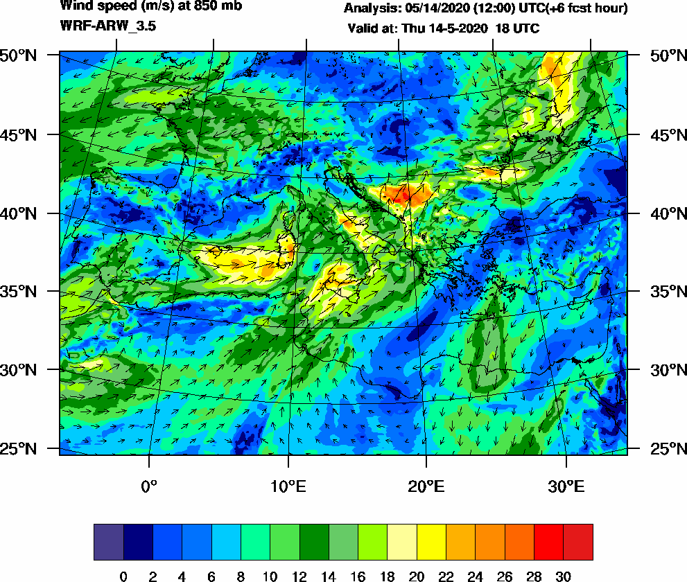 Wind speed (m/s) at 850 mb - 2020-05-14 18:00