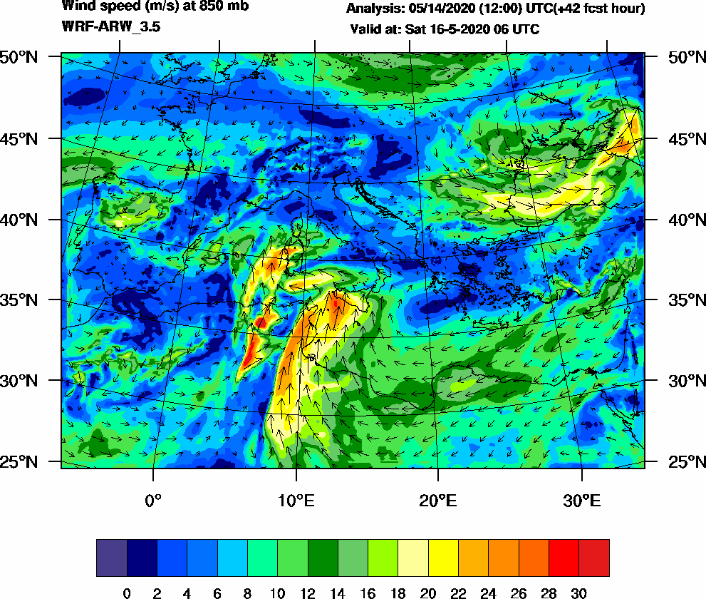 Wind speed (m/s) at 850 mb - 2020-05-16 06:00