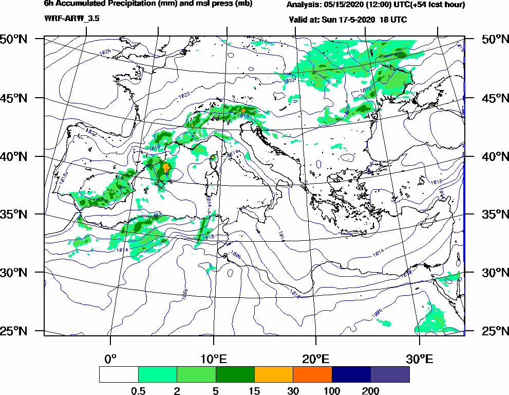 6h Accumulated Precipitation (mm) and msl press (mb) - 2020-05-17 12:00