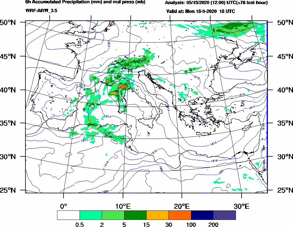 6h Accumulated Precipitation (mm) and msl press (mb) - 2020-05-18 12:00