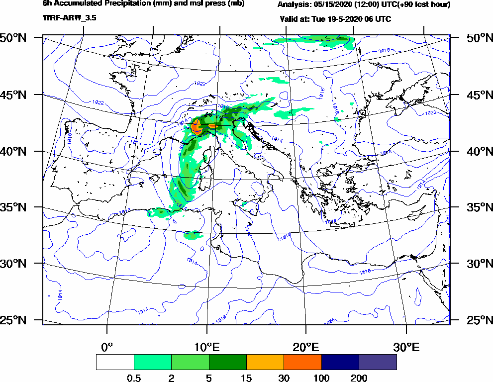 6h Accumulated Precipitation (mm) and msl press (mb) - 2020-05-19 00:00