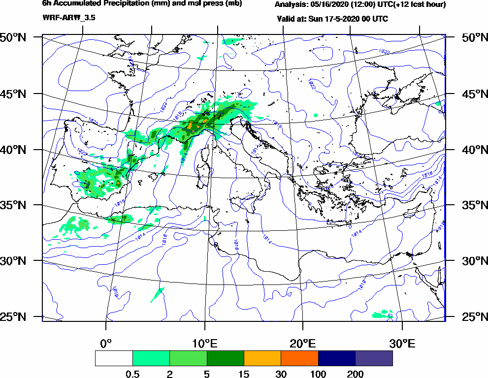 6h Accumulated Precipitation (mm) and msl press (mb) - 2020-05-16 18:00