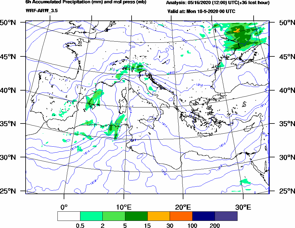 6h Accumulated Precipitation (mm) and msl press (mb) - 2020-05-17 18:00