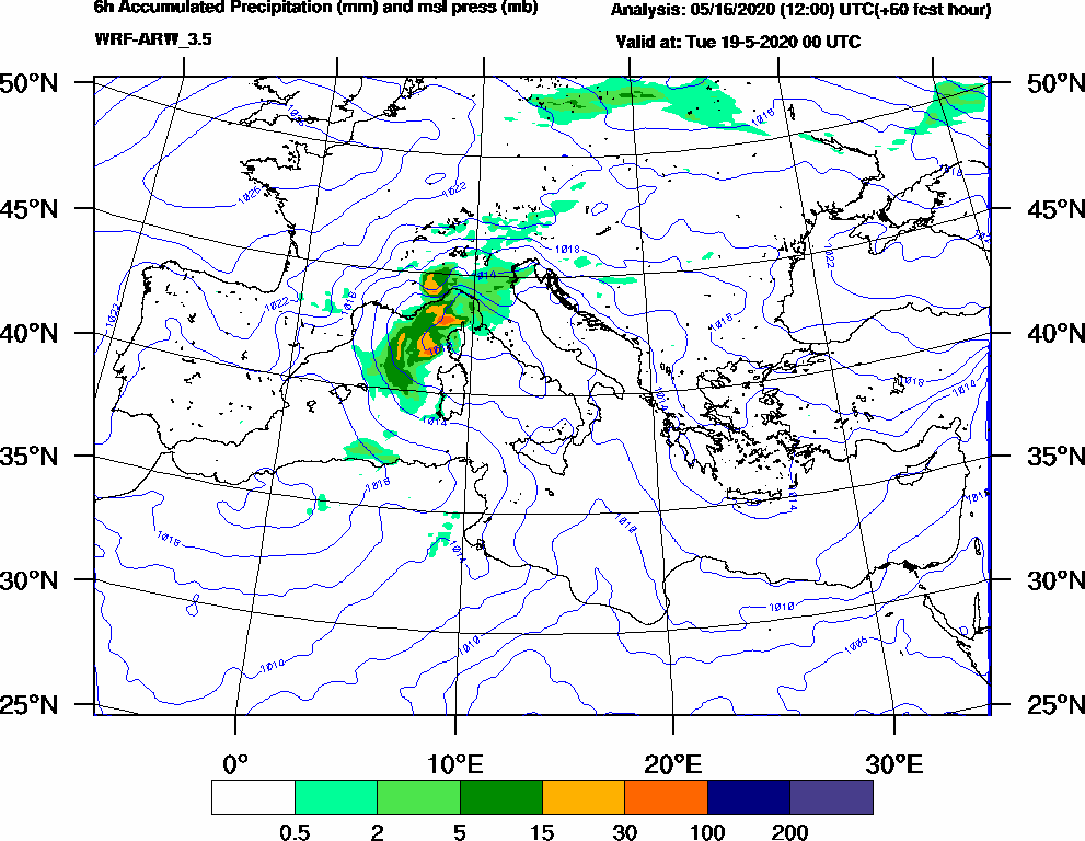 6h Accumulated Precipitation (mm) and msl press (mb) - 2020-05-18 18:00