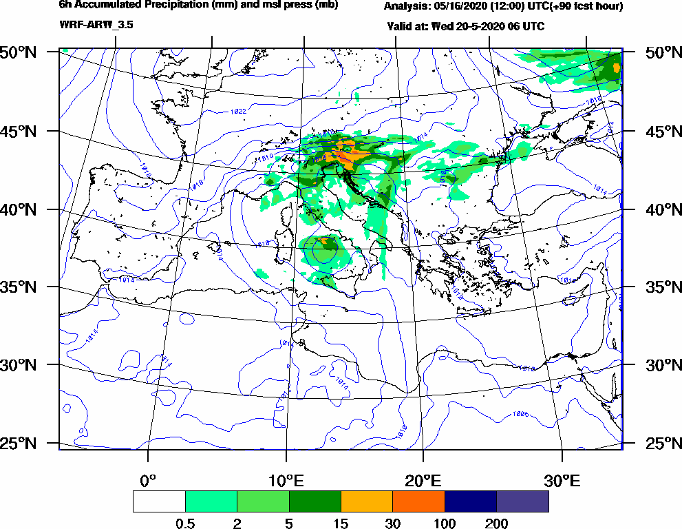 6h Accumulated Precipitation (mm) and msl press (mb) - 2020-05-20 00:00