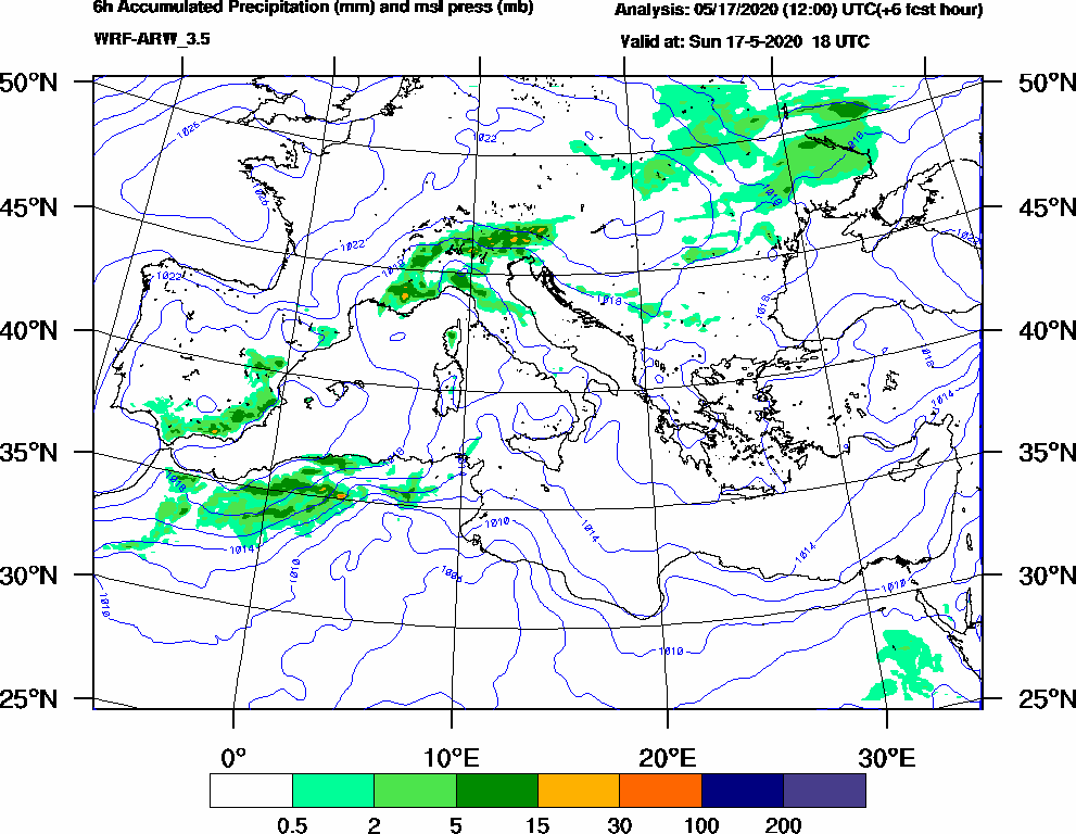 6h Accumulated Precipitation (mm) and msl press (mb) - 2020-05-17 12:00