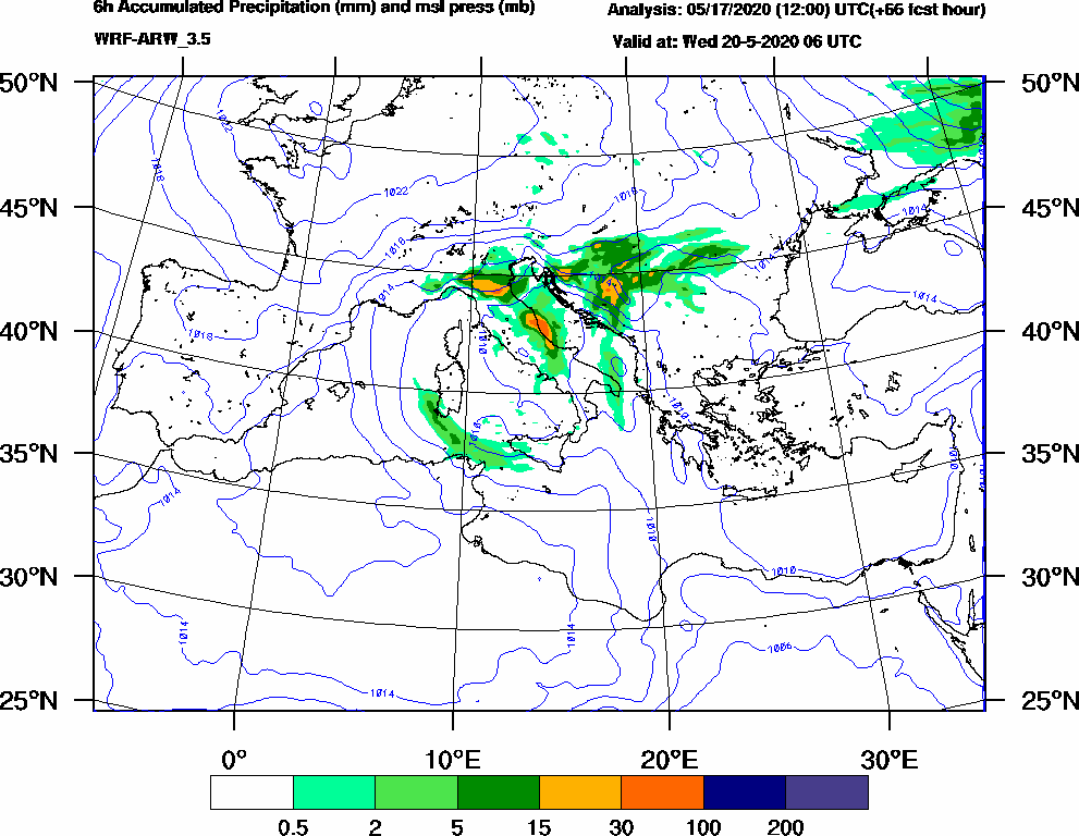 6h Accumulated Precipitation (mm) and msl press (mb) - 2020-05-20 00:00