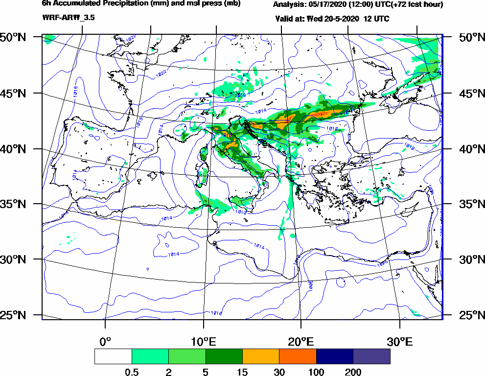 6h Accumulated Precipitation (mm) and msl press (mb) - 2020-05-20 06:00