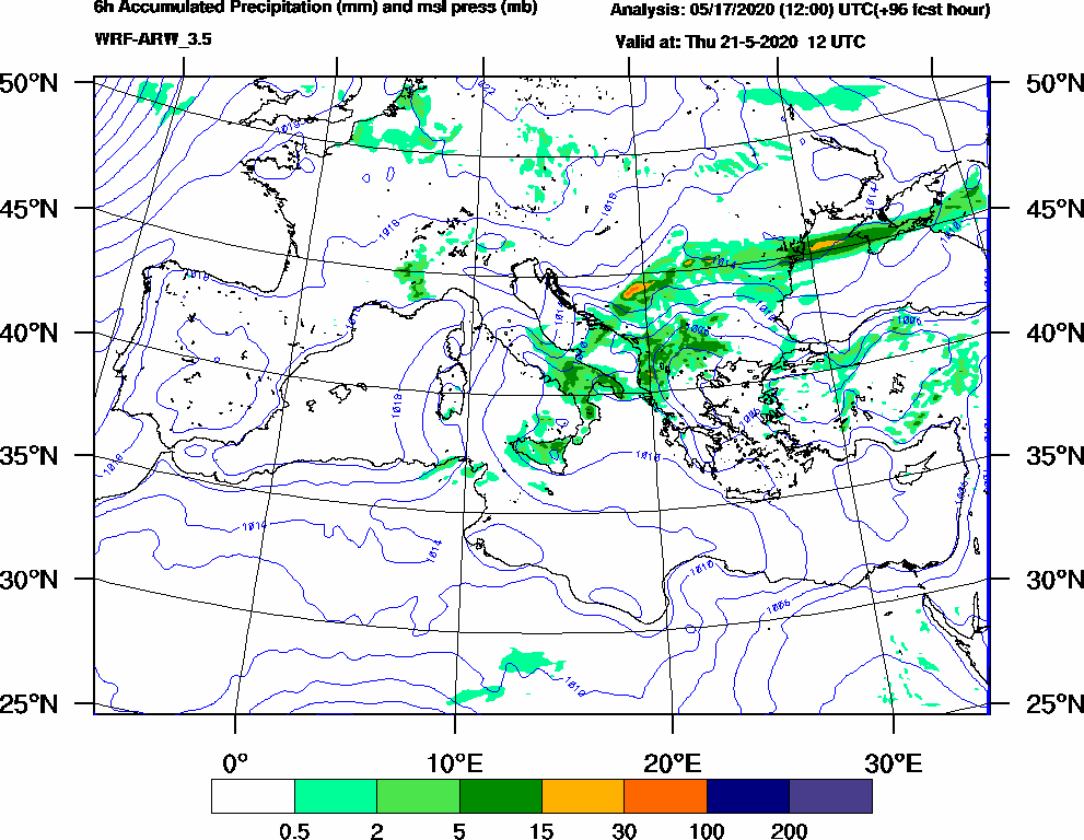 6h Accumulated Precipitation (mm) and msl press (mb) - 2020-05-21 06:00
