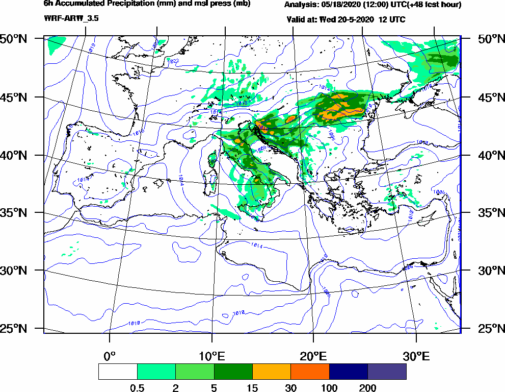 6h Accumulated Precipitation (mm) and msl press (mb) - 2020-05-20 06:00