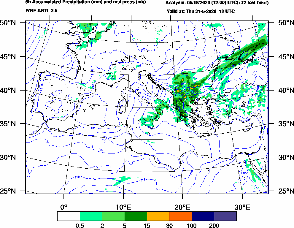 6h Accumulated Precipitation (mm) and msl press (mb) - 2020-05-21 06:00