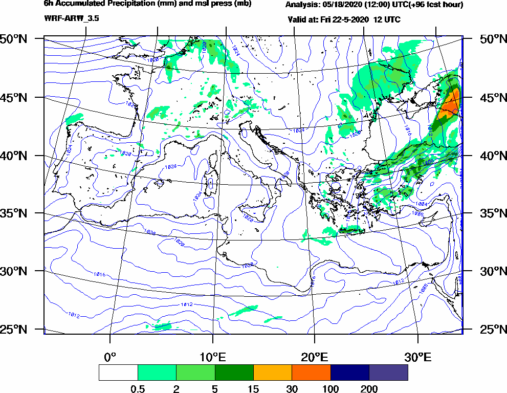 6h Accumulated Precipitation (mm) and msl press (mb) - 2020-05-22 06:00
