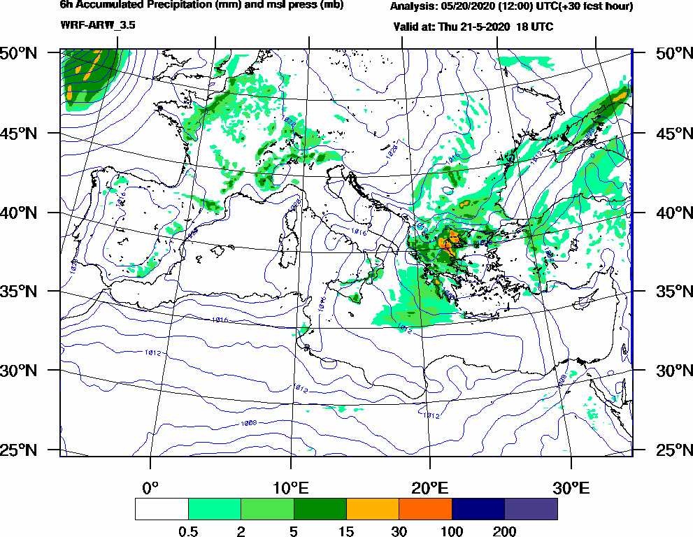 6h Accumulated Precipitation (mm) and msl press (mb) - 2020-05-21 12:00