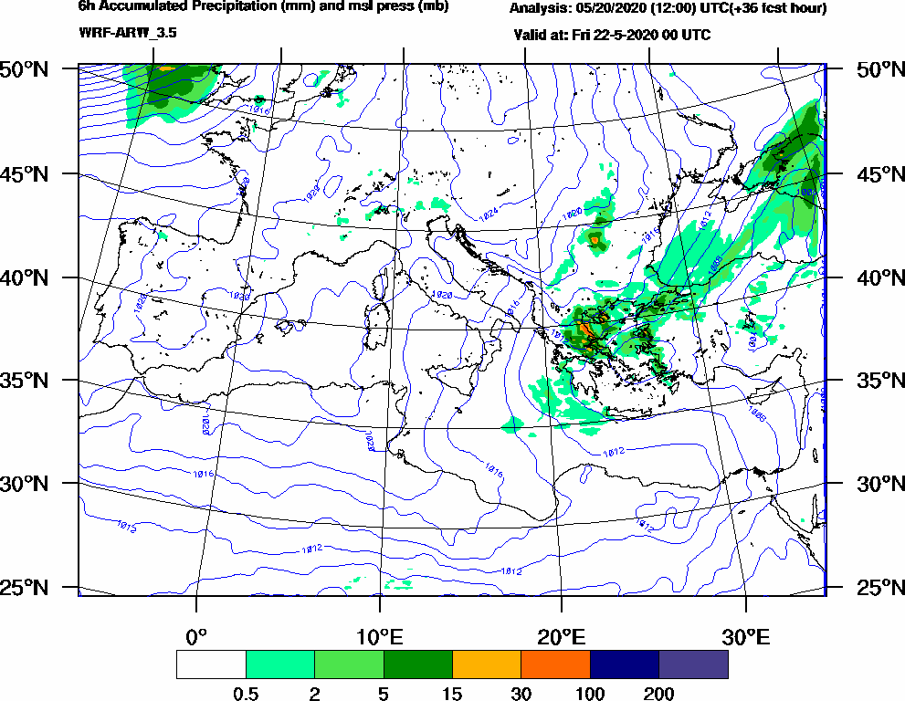 6h Accumulated Precipitation (mm) and msl press (mb) - 2020-05-21 18:00
