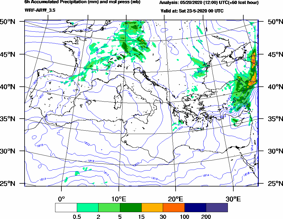6h Accumulated Precipitation (mm) and msl press (mb) - 2020-05-22 18:00