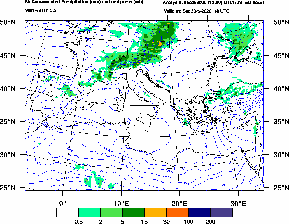 6h Accumulated Precipitation (mm) and msl press (mb) - 2020-05-23 12:00