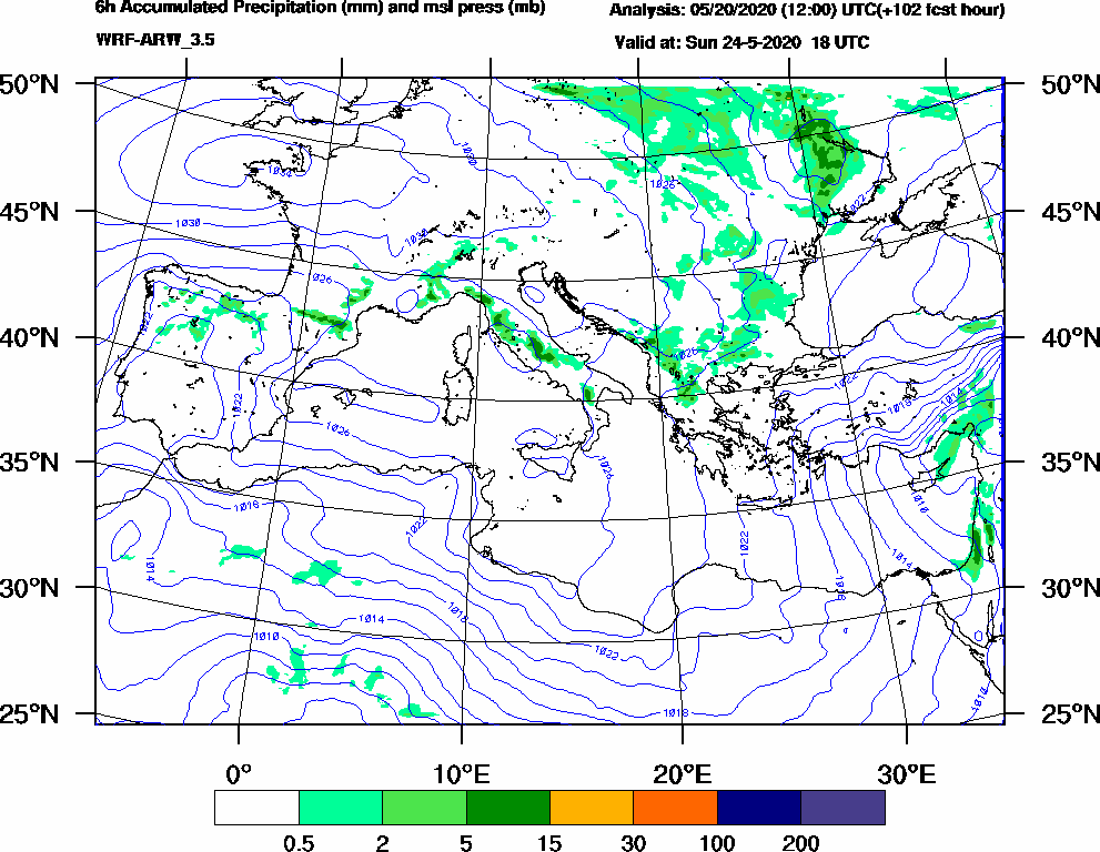 6h Accumulated Precipitation (mm) and msl press (mb) - 2020-05-24 12:00