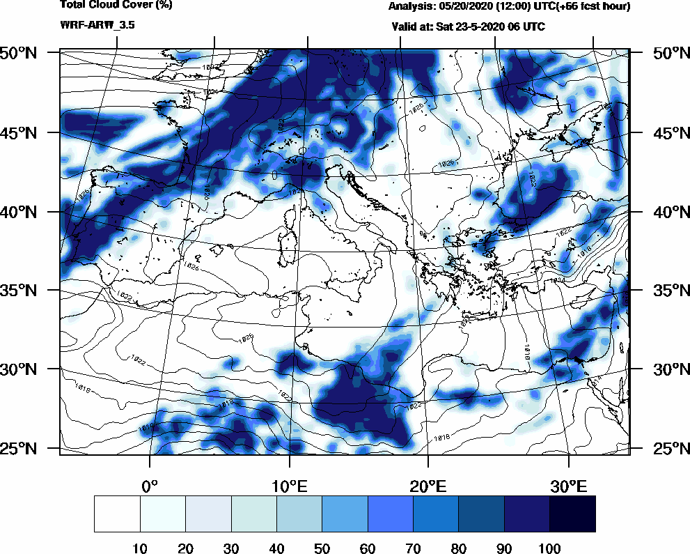 Total cloud cover (%) - 2020-05-23 00:00