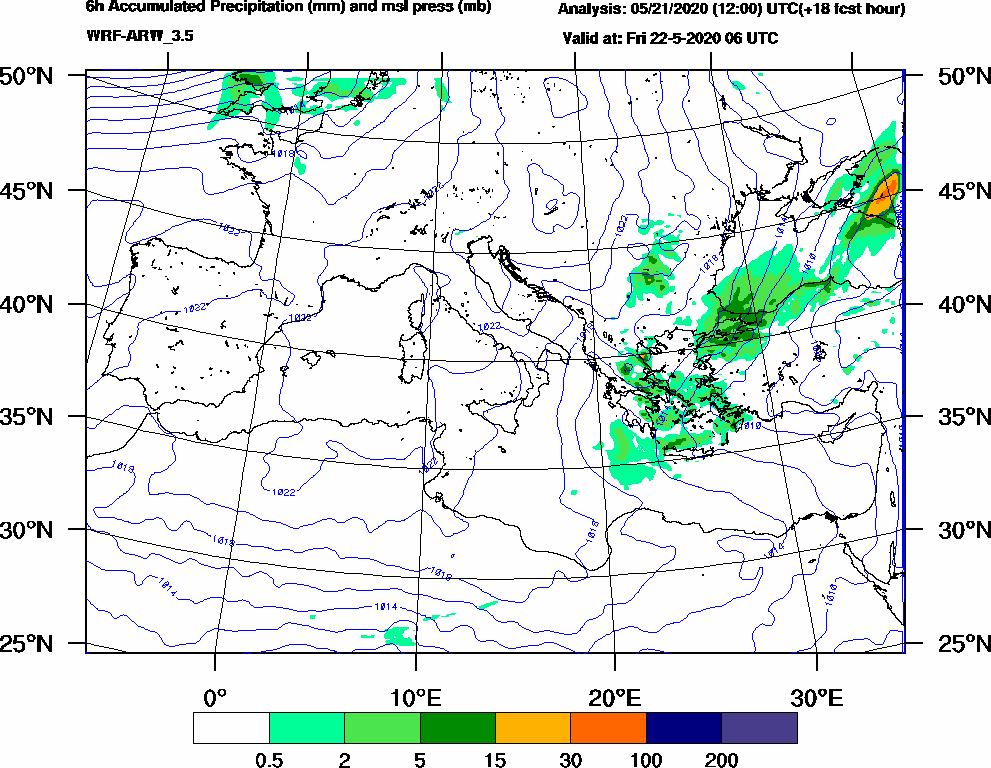 6h Accumulated Precipitation (mm) and msl press (mb) - 2020-05-22 00:00