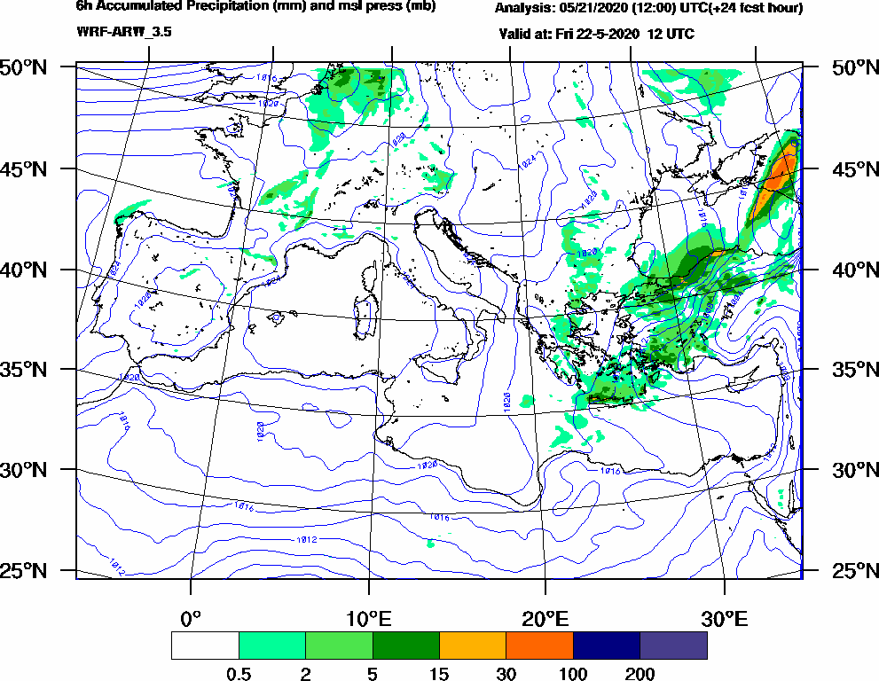 6h Accumulated Precipitation (mm) and msl press (mb) - 2020-05-22 06:00