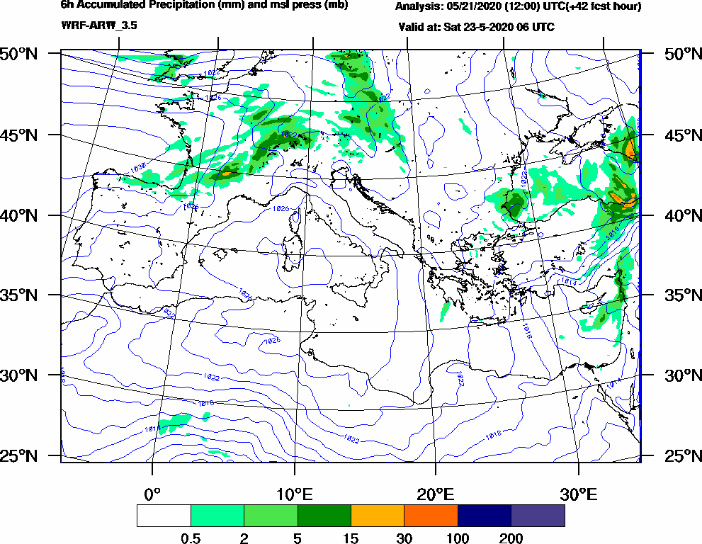 6h Accumulated Precipitation (mm) and msl press (mb) - 2020-05-23 00:00