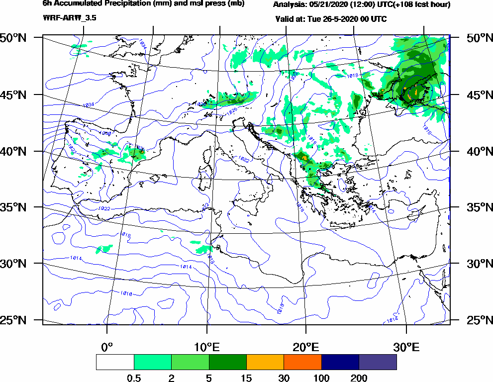 6h Accumulated Precipitation (mm) and msl press (mb) - 2020-05-25 18:00