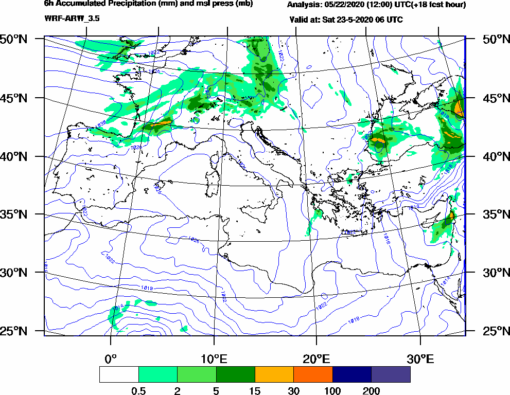 6h Accumulated Precipitation (mm) and msl press (mb) - 2020-05-23 00:00