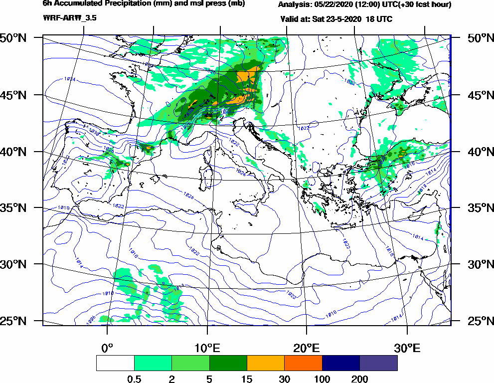 6h Accumulated Precipitation (mm) and msl press (mb) - 2020-05-23 12:00
