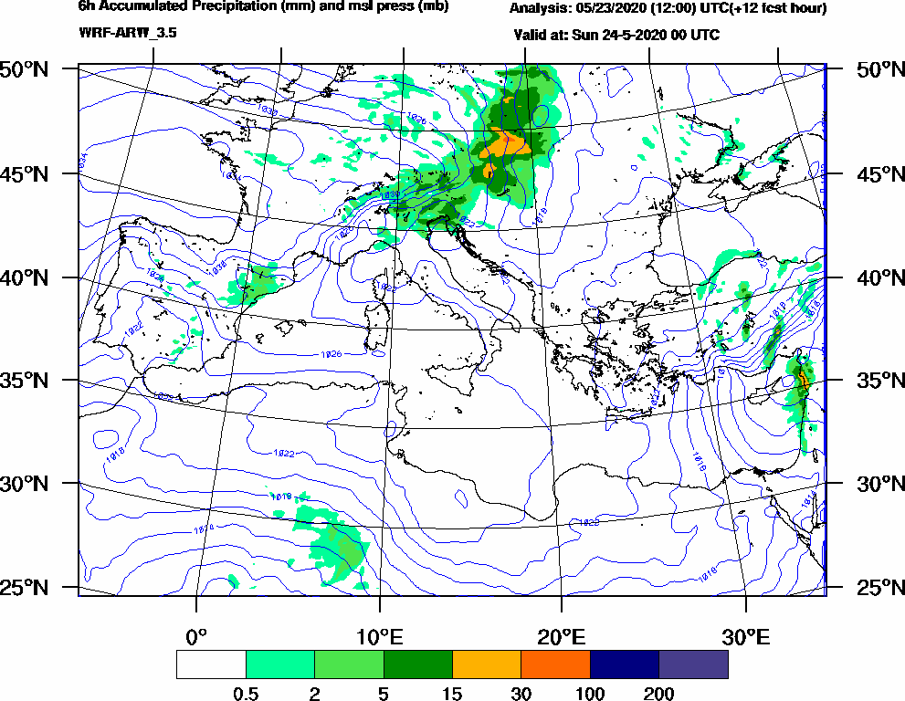 6h Accumulated Precipitation (mm) and msl press (mb) - 2020-05-23 18:00