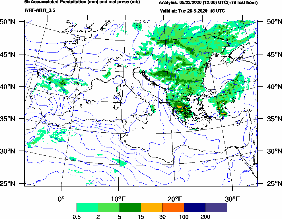 6h Accumulated Precipitation (mm) and msl press (mb) - 2020-05-26 12:00