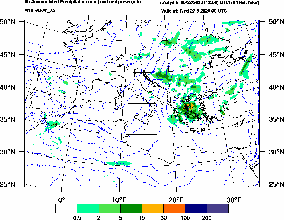 6h Accumulated Precipitation (mm) and msl press (mb) - 2020-05-26 18:00